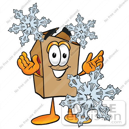 #28366 Clip Art Graphic of a Cardboard Shipping Box Cartoon Character With Three Snowflakes in Winter by toons4biz