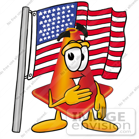 #28368 Clip Art Graphic of a Construction Traffic Cone Cartoon Character Pledging Allegiance to an American Flag by toons4biz