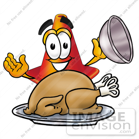 #28369 Clip Art Graphic of a Construction Traffic Cone Cartoon Character Serving a Thanksgiving Turkey on a Platter by toons4biz