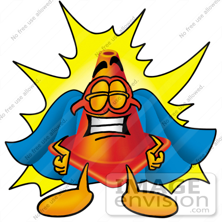 #28370 Clip Art Graphic of a Construction Traffic Cone Cartoon Character Dressed as a Super Hero by toons4biz