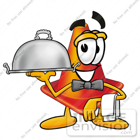 #28371 Clip Art Graphic of a Construction Traffic Cone Cartoon Character Dressed as a Waiter and Holding a Serving Platter by toons4biz
