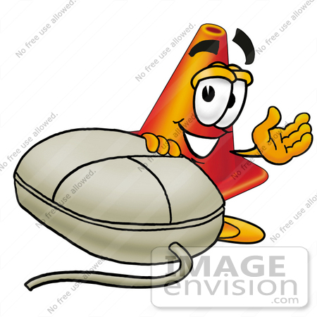 #28373 Clip Art Graphic of a Construction Traffic Cone Cartoon Character With a Computer Mouse by toons4biz