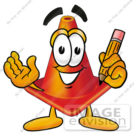 #28374 Clip Art Graphic of a Construction Traffic Cone Cartoon Character Holding a Pencil by toons4biz