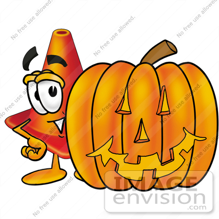 #28375 Clip Art Graphic of a Construction Traffic Cone Cartoon Character With a Carved Halloween Pumpkin by toons4biz
