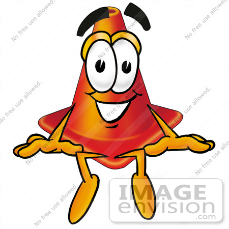 #28377 Clip Art Graphic of a Construction Traffic Cone Cartoon Character Sitting by toons4biz