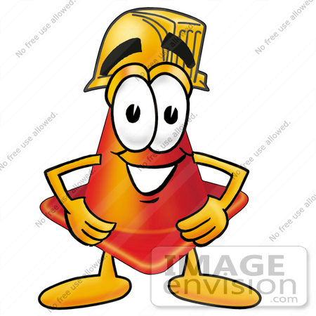 #28379 Clip Art Graphic of a Construction Traffic Cone Cartoon Character earing a Hardhat Helmet by toons4biz