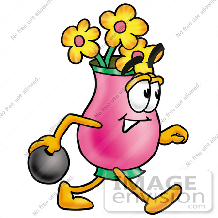 #28381 Clip Art Graphic of a Pink Vase And Yellow Flowers Cartoon Character Holding a Bowling Ball by toons4biz