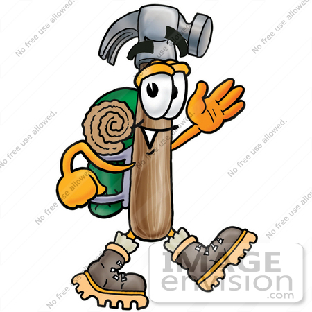 #28384 Clip Art Graphic of a Hammer Tool Cartoon Character Hiking and Carrying a Backpack by toons4biz
