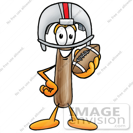 #28386 Clip Art Graphic of a Hammer Tool Cartoon Character in a Helmet, Holding a Football by toons4biz