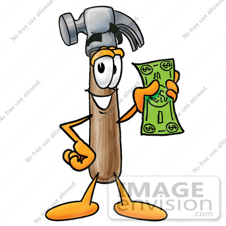 #28388 Clip Art Graphic of a Hammer Tool Cartoon Character Holding a Dollar Bill by toons4biz
