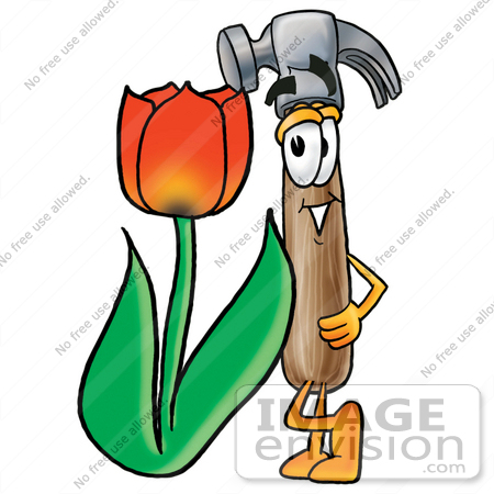 #28389 Clip Art Graphic of a Hammer Tool Cartoon Character With a Red Tulip Flower in the Spring by toons4biz