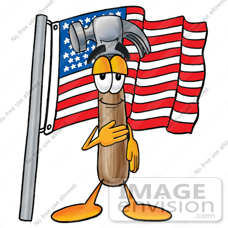 #28390 Clip Art Graphic of a Hammer Tool Cartoon Character Pledging Allegiance to an American Flag by toons4biz