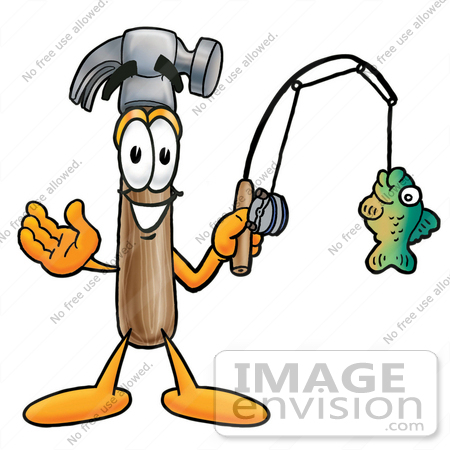 #28391 Clip Art Graphic of a Hammer Tool Cartoon Character Holding a Fish on a Fishing Pole by toons4biz