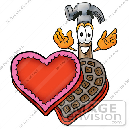 #28392 Clip Art Graphic of a Hammer Tool Cartoon Character With an Open Box of Valentines Day Chocolate Candies by toons4biz