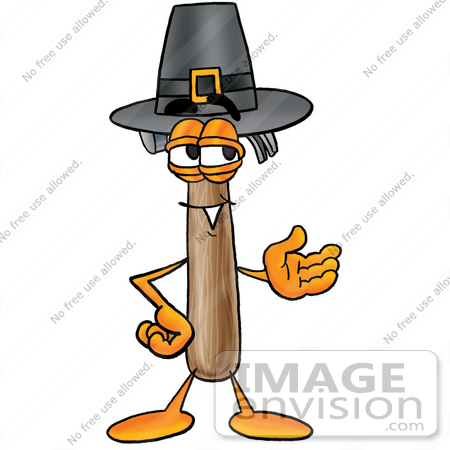#28393 Clip Art Graphic of a Hammer Tool Cartoon Character Wearing a Pilgrim Hat on Thanksgiving by toons4biz