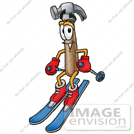 #28394 Clip Art Graphic of a Hammer Tool Cartoon Character Skiing Downhill by toons4biz