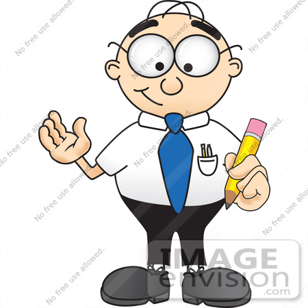 #28397 Clip Art Graphic of a Geeky Caucasian Businessman Cartoon Character Holding a Pencil by toons4biz