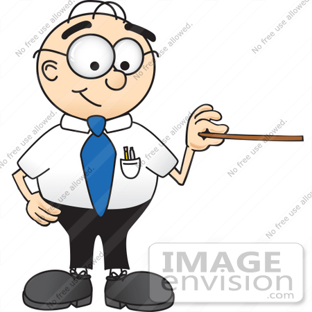 #28398 Clip Art Graphic of a Geeky Caucasian Businessman Cartoon Character Holding a Pointer Stick by toons4biz