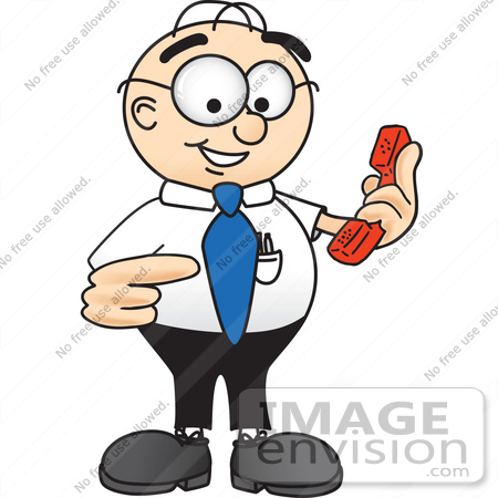 #28399 Clip Art Graphic of a Geeky Caucasian Businessman Cartoon Character Holding a Telephone by toons4biz