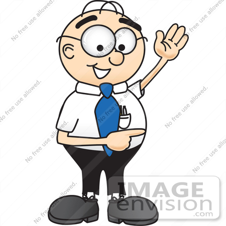 #28400 Clip Art Graphic of a Geeky Caucasian Businessman Cartoon Character Waving and Pointing by toons4biz