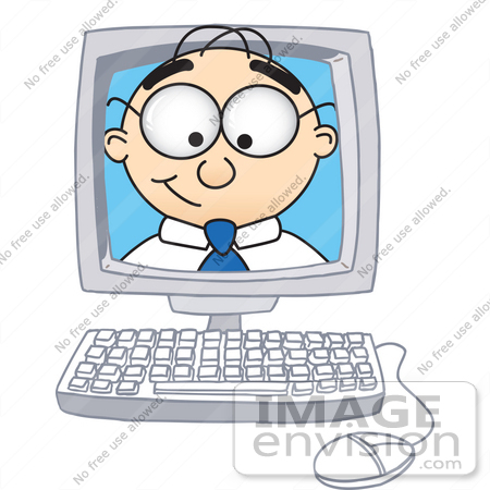 #28402 Clip Art Graphic of a Geeky Caucasian Businessman Cartoon Character Inside a Computer Screen by toons4biz