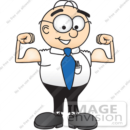 #28404 Clip Art Graphic of a Geeky Caucasian Businessman Cartoon Character Flexing His Arm Muscles by toons4biz