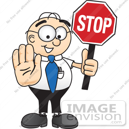#28405 Clip Art Graphic of a Geeky Caucasian Businessman Cartoon Character Holding a Stop Sign by toons4biz