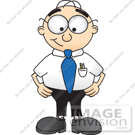 #28406 Clip Art Graphic of a Geeky Caucasian Businessman Cartoon Character Standing With His Hands on His Hips by toons4biz