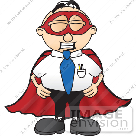 #28411 Clip Art Graphic of a Geeky Caucasian Businessman Cartoon Character Dressed as a Super Hero by toons4biz