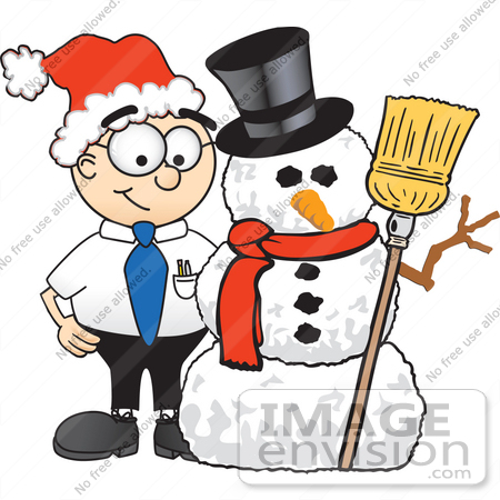 #28412 Clip Art Graphic of a Geeky Caucasian Businessman Cartoon Character With a Snowman on Christmas by toons4biz