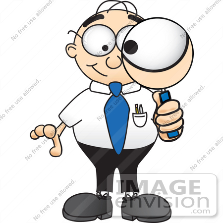 #28418 Clip Art Graphic of a Geeky Caucasian Businessman Cartoon Character Looking Through a Magnifying Glass by toons4biz