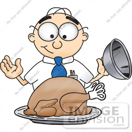 #28419 Clip Art Graphic of a Geeky Caucasian Businessman Cartoon Character Serving a Thanksgiving Turkey on a Platter by toons4biz