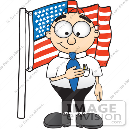 #28420 Clip Art Graphic of a Geeky Caucasian Businessman Cartoon Character Pledging Allegiance to an American Flag by toons4biz