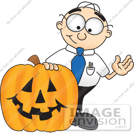 #28424 Clip Art Graphic of a Geeky Caucasian Businessman Cartoon Character With a Carved Halloween Pumpkin by toons4biz