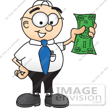 #28425 Clip Art Graphic of a Geeky Caucasian Businessman Cartoon Character Holding a Dollar Bill by toons4biz