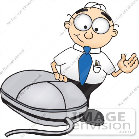#28426 Clip Art Graphic of a Geeky Caucasian Businessman Cartoon Character With a Computer Mouse by toons4biz