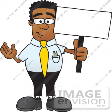 #28442 Clip Art Graphic of a Geeky African American Businessman Cartoon Character Holding a Blank Sign by toons4biz
