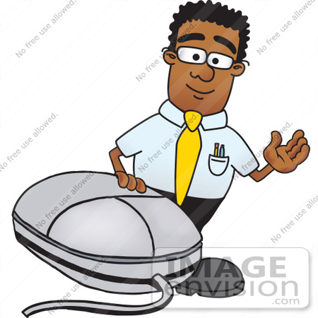 #28444 Clip Art Graphic of a Geeky African American Businessman Cartoon Character With a Computer Mouse by toons4biz