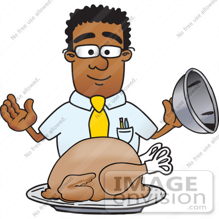 #28448 Clip Art Graphic of a Geeky African American Businessman Cartoon Character Serving a Thanksgiving Turkey on a Platter by toons4biz