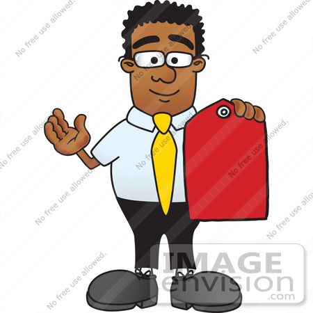 #28452 Clip Art Graphic of a Geeky African American Businessman Cartoon Character Holding a Red Sales Price Tag by toons4biz