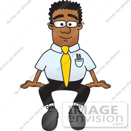 #28456 Clip Art Graphic of a Geeky African American Businessman Cartoon Character Sitting by toons4biz
