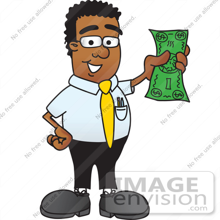#28459 Clip Art Graphic of a Geeky African American Businessman Cartoon Character Holding a Dollar Bill by toons4biz