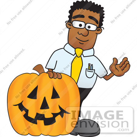 #28461 Clip Art Graphic of a Geeky African American Businessman Cartoon Character With a Carved Halloween Pumpkin by toons4biz