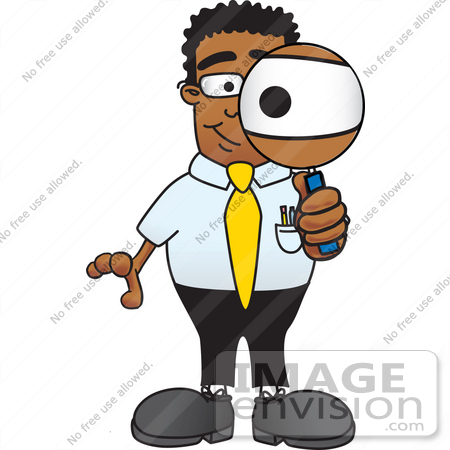 #28463 Clip Art Graphic of a Geeky African American Businessman Cartoon Character Looking Through a Magnifying Glass by toons4biz