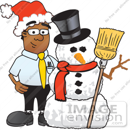 #28468 Clip Art Graphic of a Geeky African American Businessman Cartoon Character With a Snowman on Christmas by toons4biz