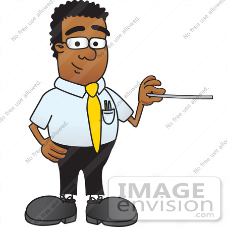 #28469 Clip Art Graphic of a Geeky African American Businessman Cartoon Character Holding a Pointer Stick by toons4biz