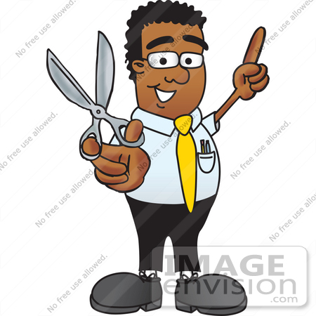 #28471 Clip Art Graphic of a Geeky African American Businessman Cartoon Character Holding a Pair of Scissors by toons4biz