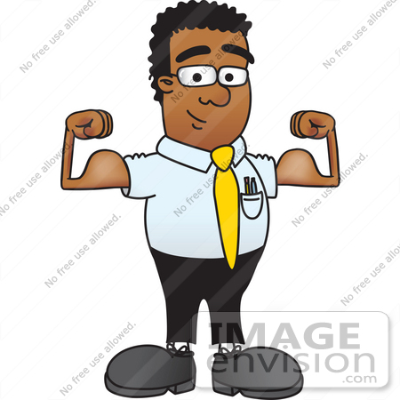 #28473 Clip Art Graphic of a Geeky African American Businessman Cartoon Character Flexing His Arm Muscles by toons4biz