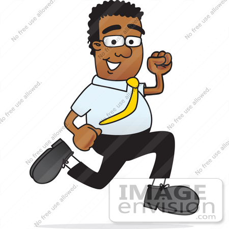 #28479 Clip Art Graphic of a Geeky African American Businessman Cartoon Character Running by toons4biz