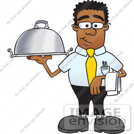 #28480 Clip Art Graphic of a Geeky African American Businessman Cartoon Character Serving a Platter by toons4biz